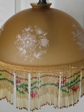 14" Honey Yellow Frosted Glass Dome Lamp Shade ONLY Beaded Fringe Tassels Vtg